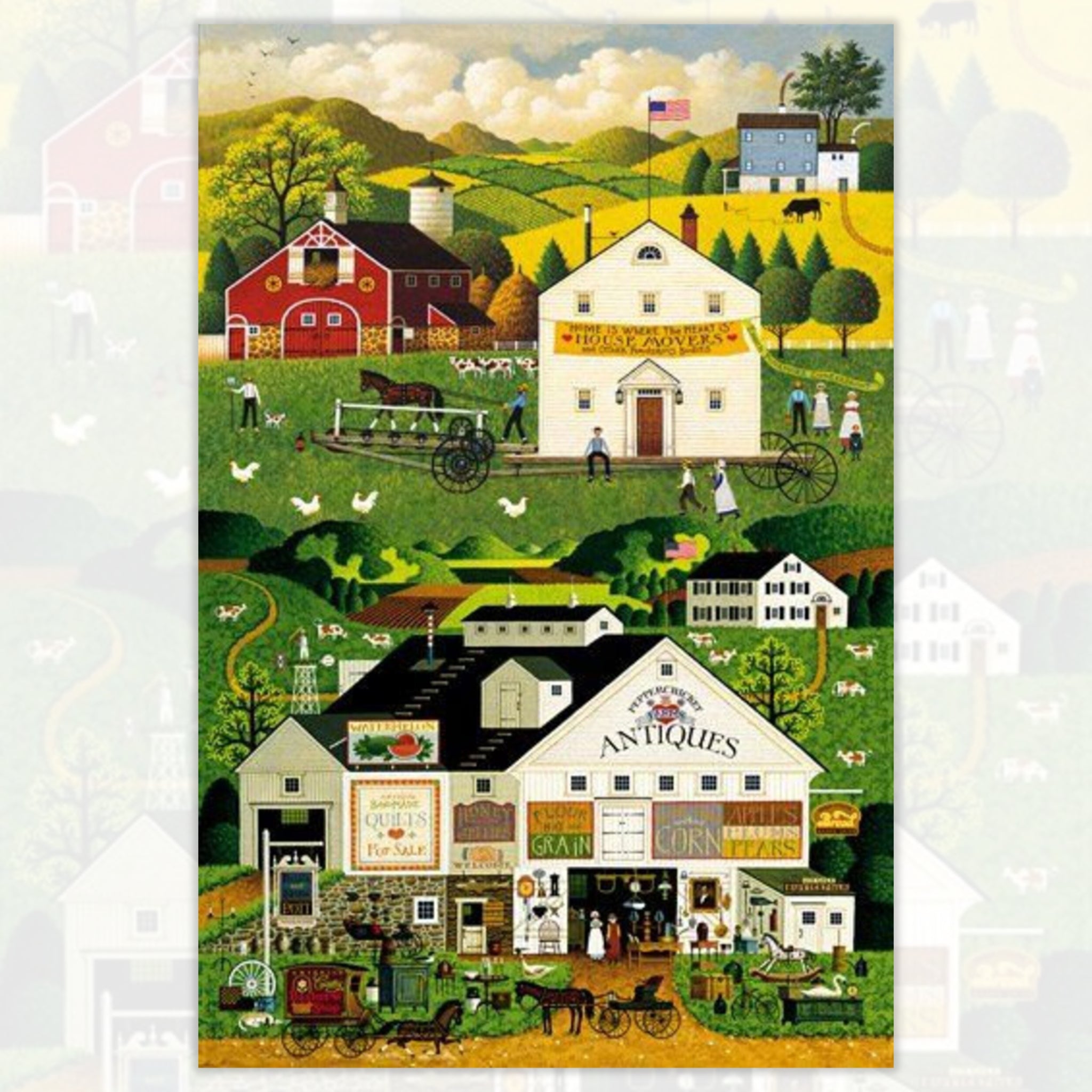 Town and Country panel Charles Wysocki red barn farmhouse covered bridge antiques shop fabric for wall hangings and country-themed quilts