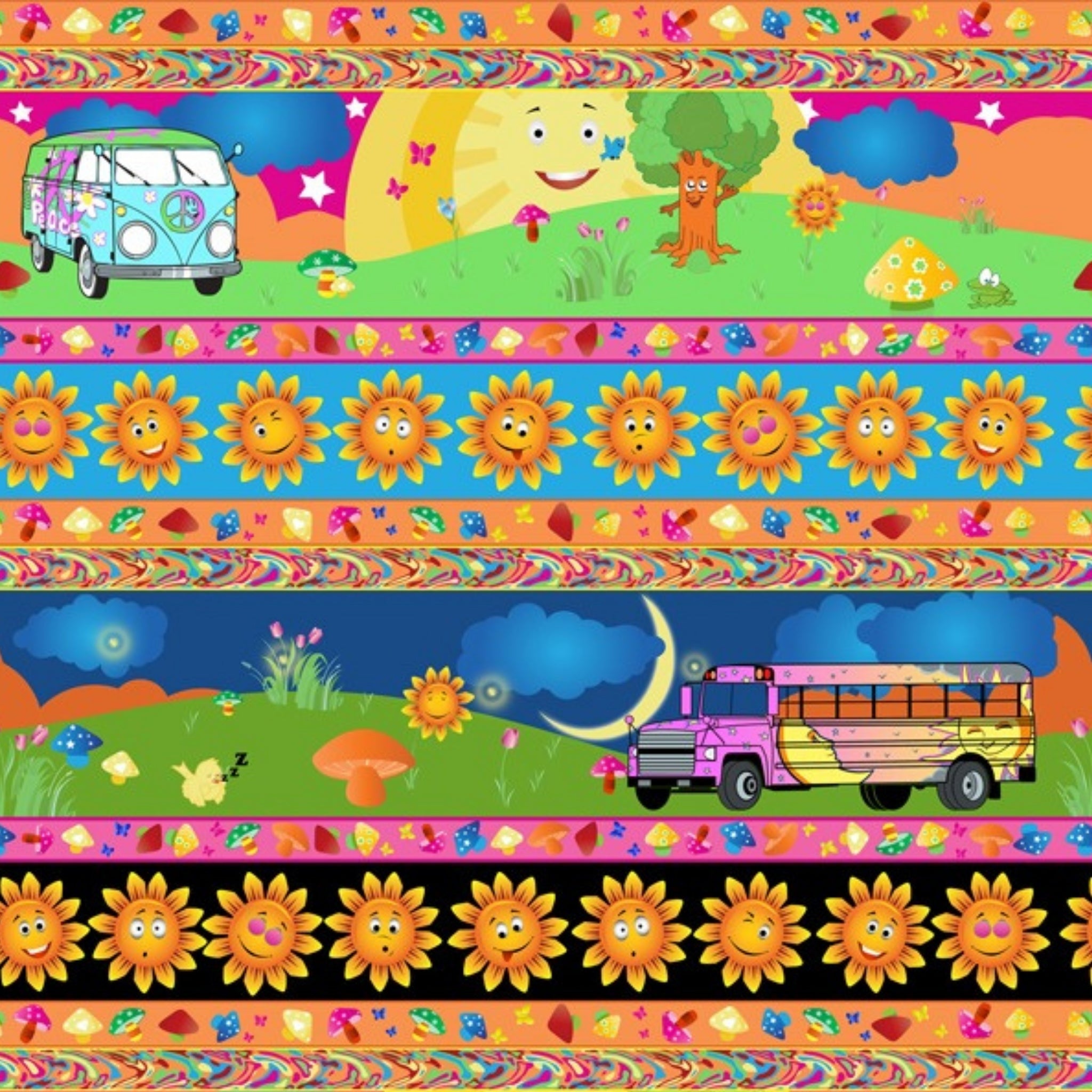 Retro groovy stripe Kombi magic school bus sunshine mushrooms fabric for retro quilts tote bags patchwork projects