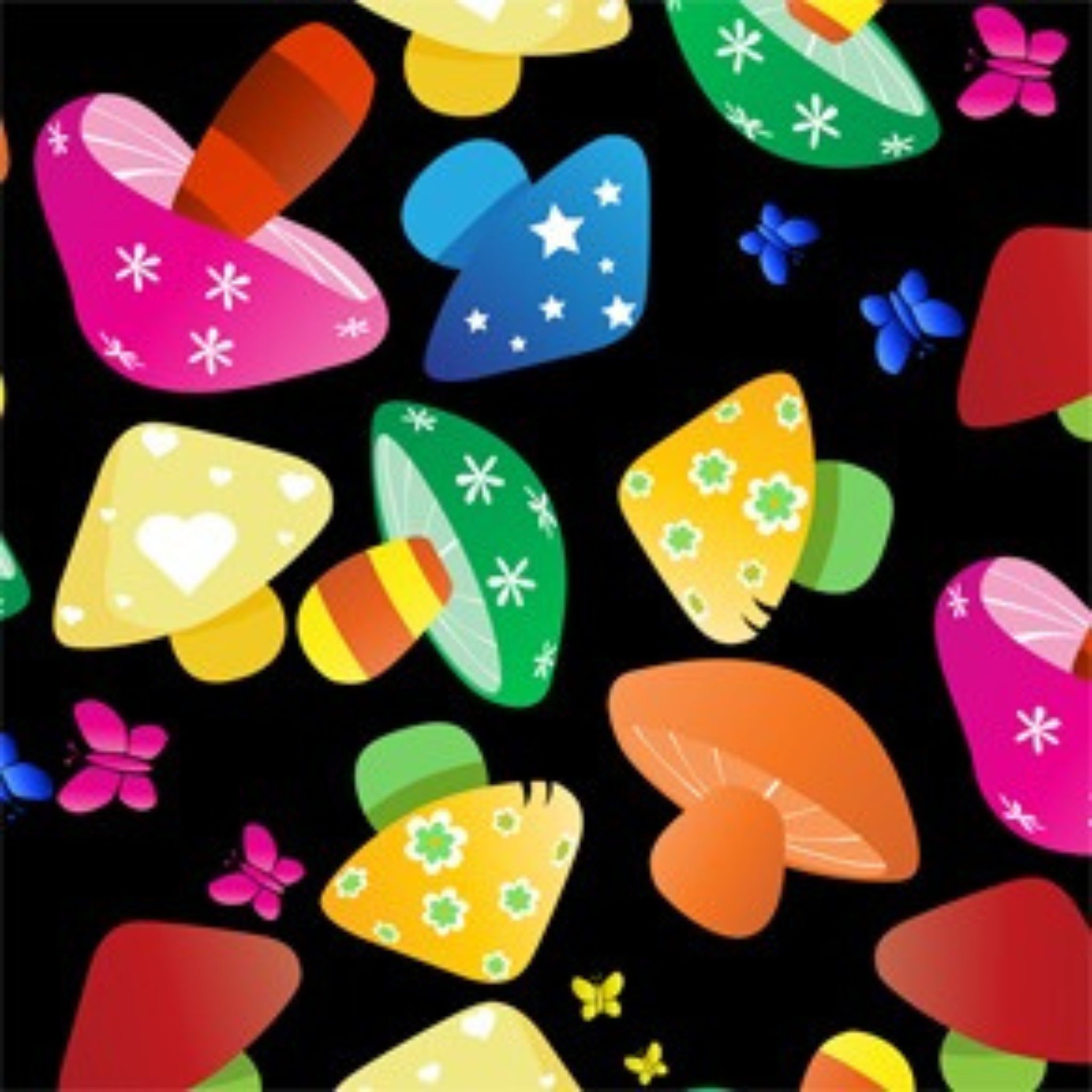Retro magic mushrooms black red pink yellow green blue fabric for 60s 70s themed quilts tote bags patchwork sewing projects