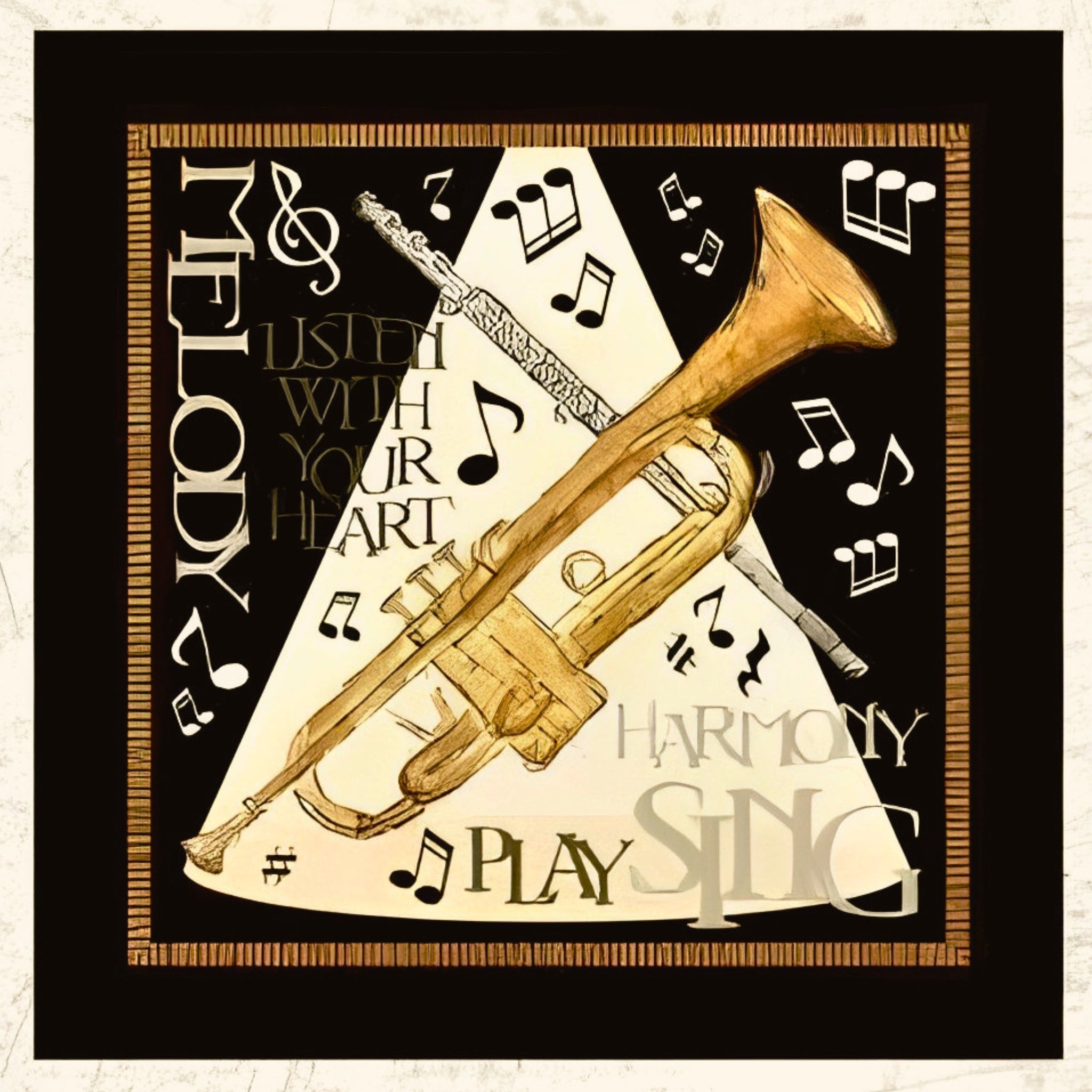 Play Your Song trumpet flute Melody Listen With Your Heart music notes black cream novelty music panel block