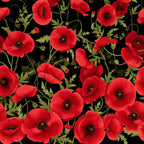 Red poppy field panel fiery orange red gold sunset sky digital print fabric for ANZAC quilts remembrance wall hangings and poppy tribute projects