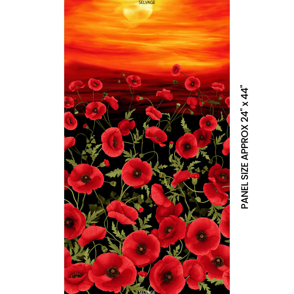 Red poppy field panel fiery orange red gold sunset sky digital print fabric for ANZAC quilts remembrance wall hangings and poppy tribute projects