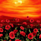 Red poppy field panel fiery orange red gold sunset sky digital print fabric for ANZAC quilts remembrance wall hangings and poppy tribute projects