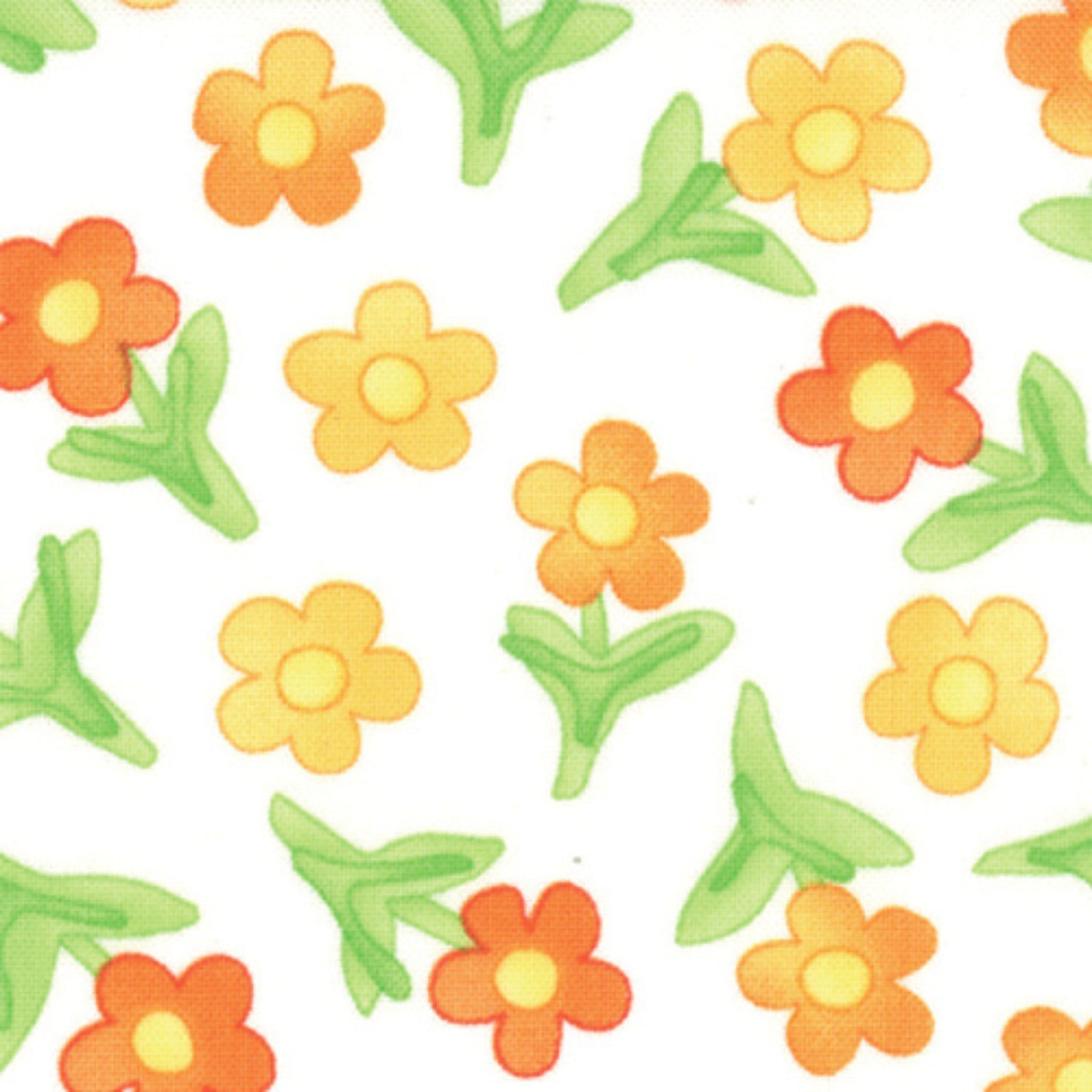 Me and My Sister tossed flowers yellow orange green white fabric for baby quilts and patchwork