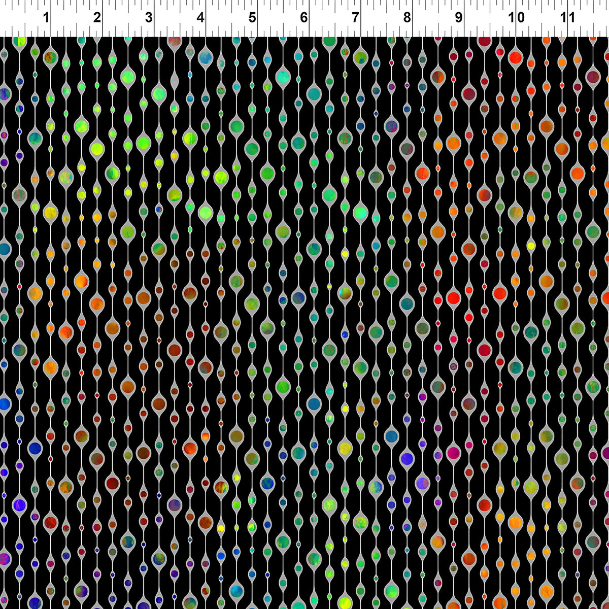 Rainbow jewel bead vertical stripes green orange red blue purple yellow on black digitally printed quilting fabric Jason Yenter In The Beginning Fabrics