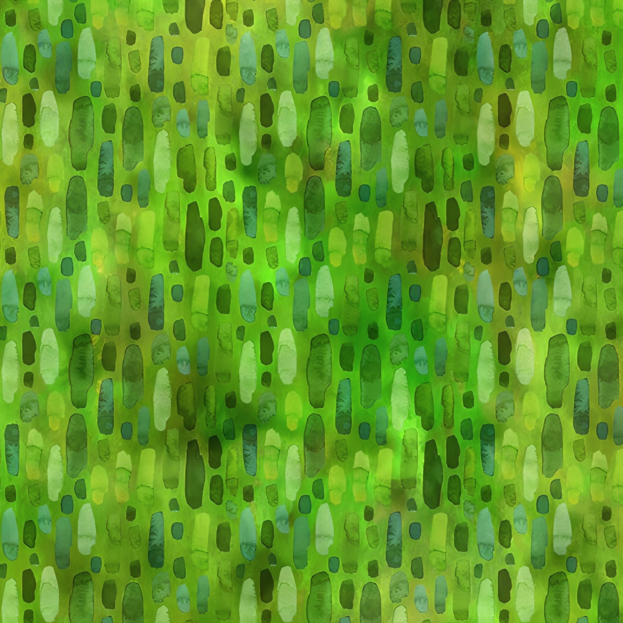 Scattered oval brushstroke dashes forest emerald lime pale mint vivid grass green background digitally printed blender quilting fabric Jason Yenter In The Beginning Fabrics