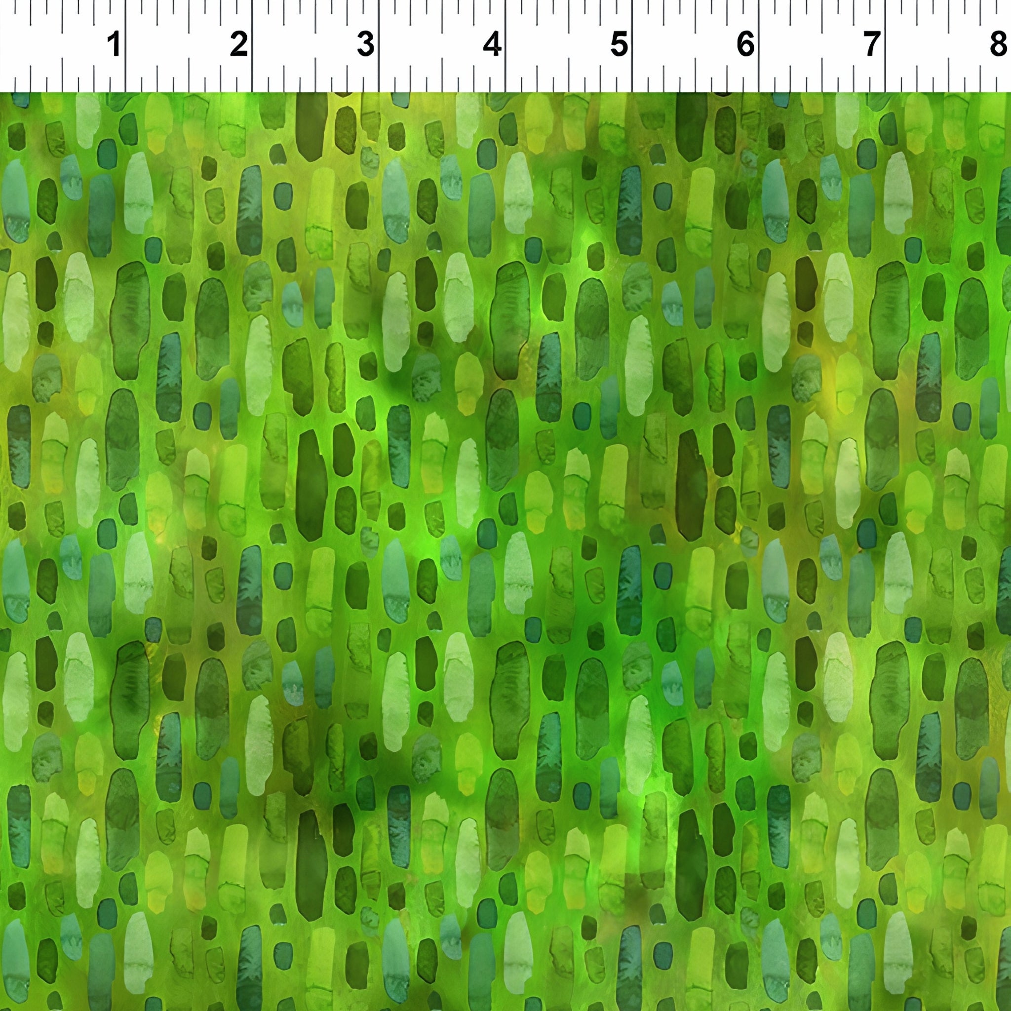 Scattered oval brushstroke dashes forest emerald lime pale mint vivid grass green background digitally printed blender quilting fabric Jason Yenter In The Beginning Fabrics