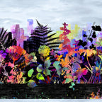 City skyline silhouette rainbow tropical wildflower foliage magenta orange red yellow teal green purple blue pale grey sky black stripe border stripe quilting fabric Jason Yenter In The Beginning Fabrics