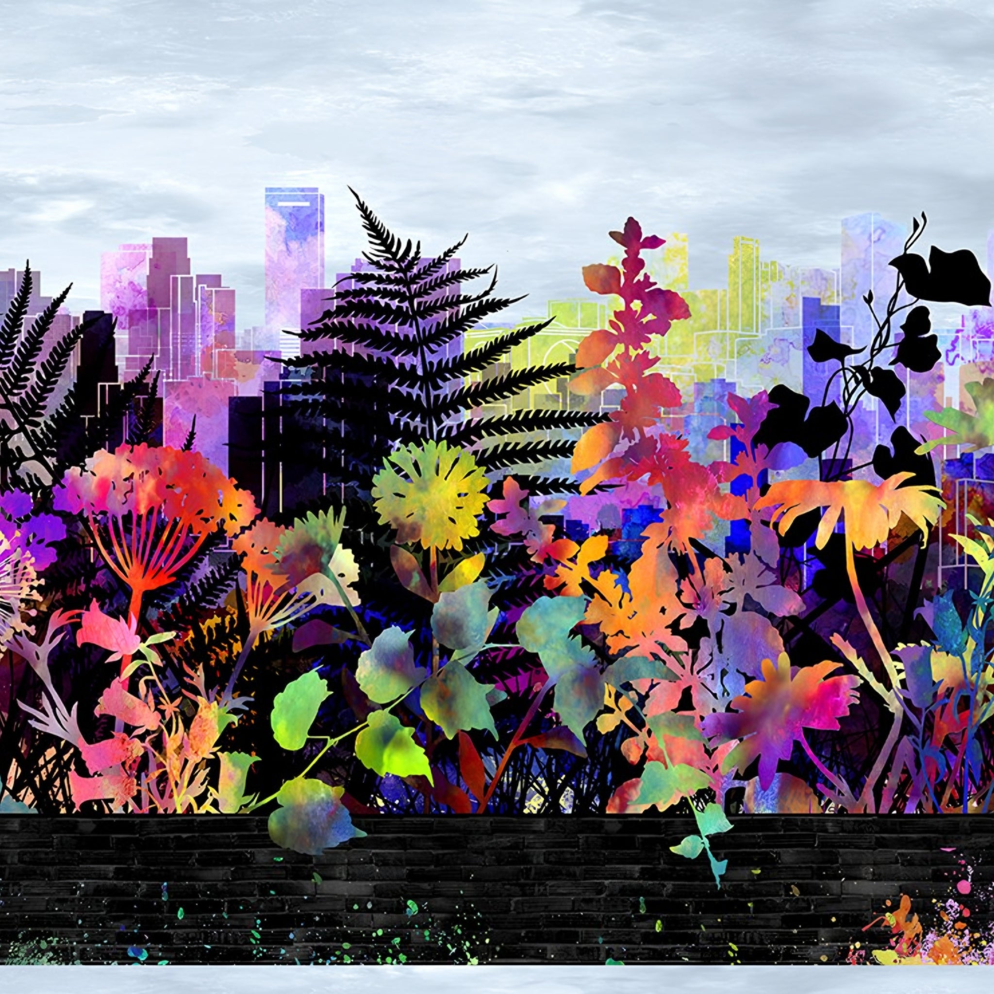 City skyline silhouette rainbow tropical wildflower foliage magenta orange red yellow teal green purple blue pale grey sky black stripe border stripe quilting fabric Jason Yenter In The Beginning Fabrics