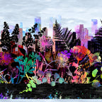 City skyline silhouette rainbow tropical wildflower foliage magenta orange red yellow teal green purple blue pale grey sky black stripe border stripe quilting fabric Jason Yenter In The Beginning Fabrics