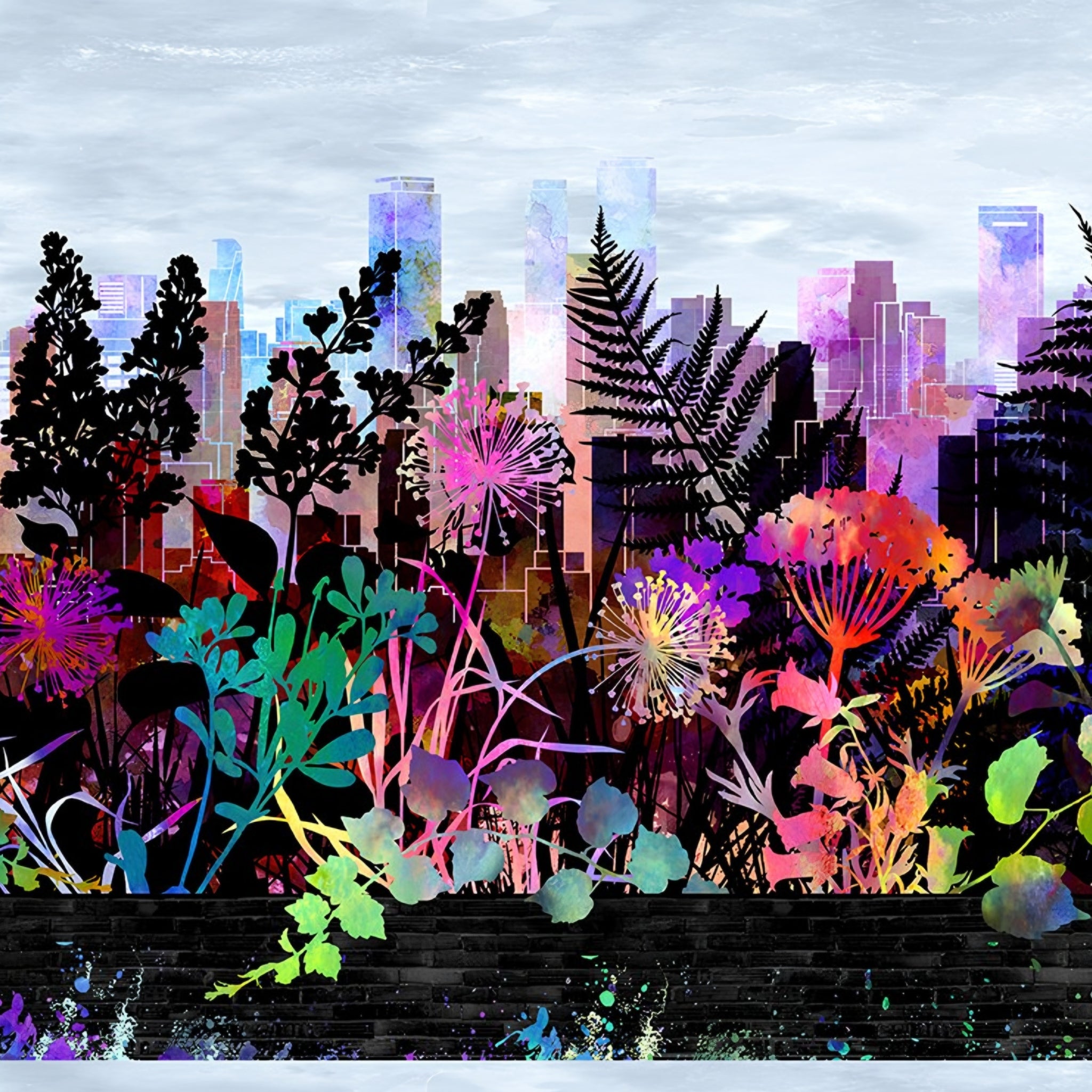 City skyline silhouette rainbow tropical wildflower foliage magenta orange red yellow teal green purple blue pale grey sky black stripe border stripe quilting fabric Jason Yenter In The Beginning Fabrics