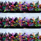 City skyline silhouette rainbow tropical wildflower foliage magenta orange red yellow teal green purple blue pale grey sky black stripe border stripe quilting fabric Jason Yenter In The Beginning Fabrics