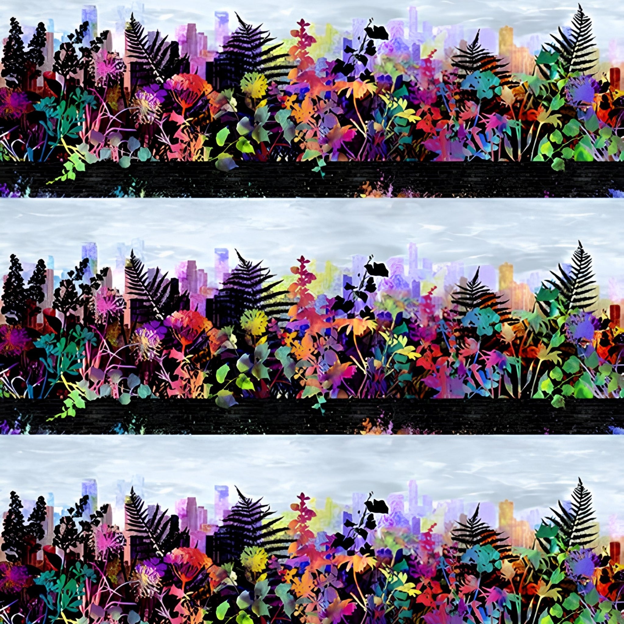 City skyline silhouette rainbow tropical wildflower foliage magenta orange red yellow teal green purple blue pale grey sky black stripe border stripe quilting fabric Jason Yenter In The Beginning Fabrics