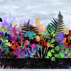 City skyline silhouette rainbow tropical wildflower foliage magenta orange red yellow teal green purple blue pale grey sky black stripe border stripe quilting fabric Jason Yenter In The Beginning Fabrics