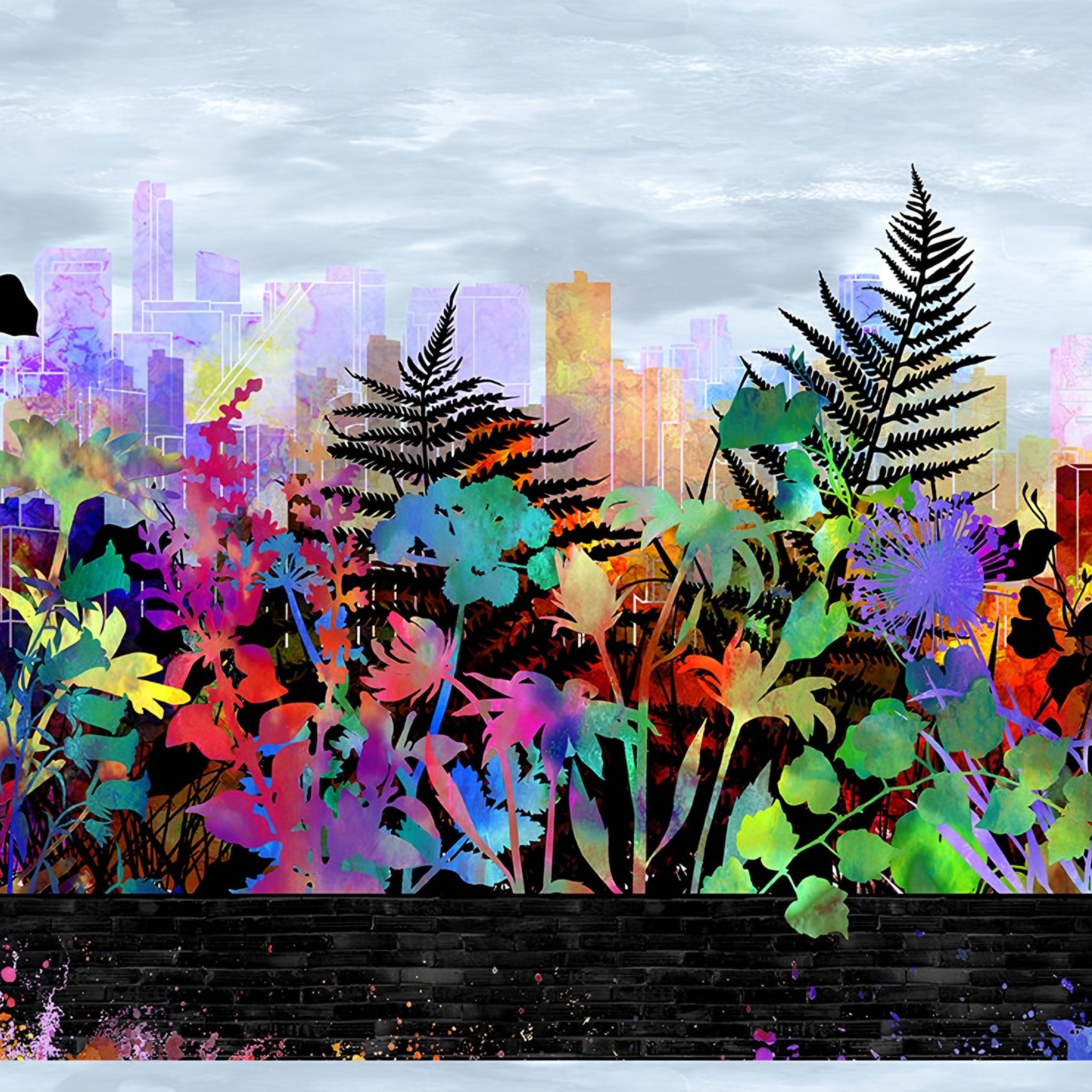 City skyline silhouette rainbow tropical wildflower foliage magenta orange red yellow teal green purple blue pale grey sky black stripe border stripe quilting fabric Jason Yenter In The Beginning Fabrics
