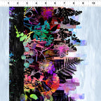 City skyline silhouette rainbow tropical wildflower foliage magenta orange red yellow teal green purple blue pale grey sky black stripe border stripe quilting fabric Jason Yenter In The Beginning Fabrics