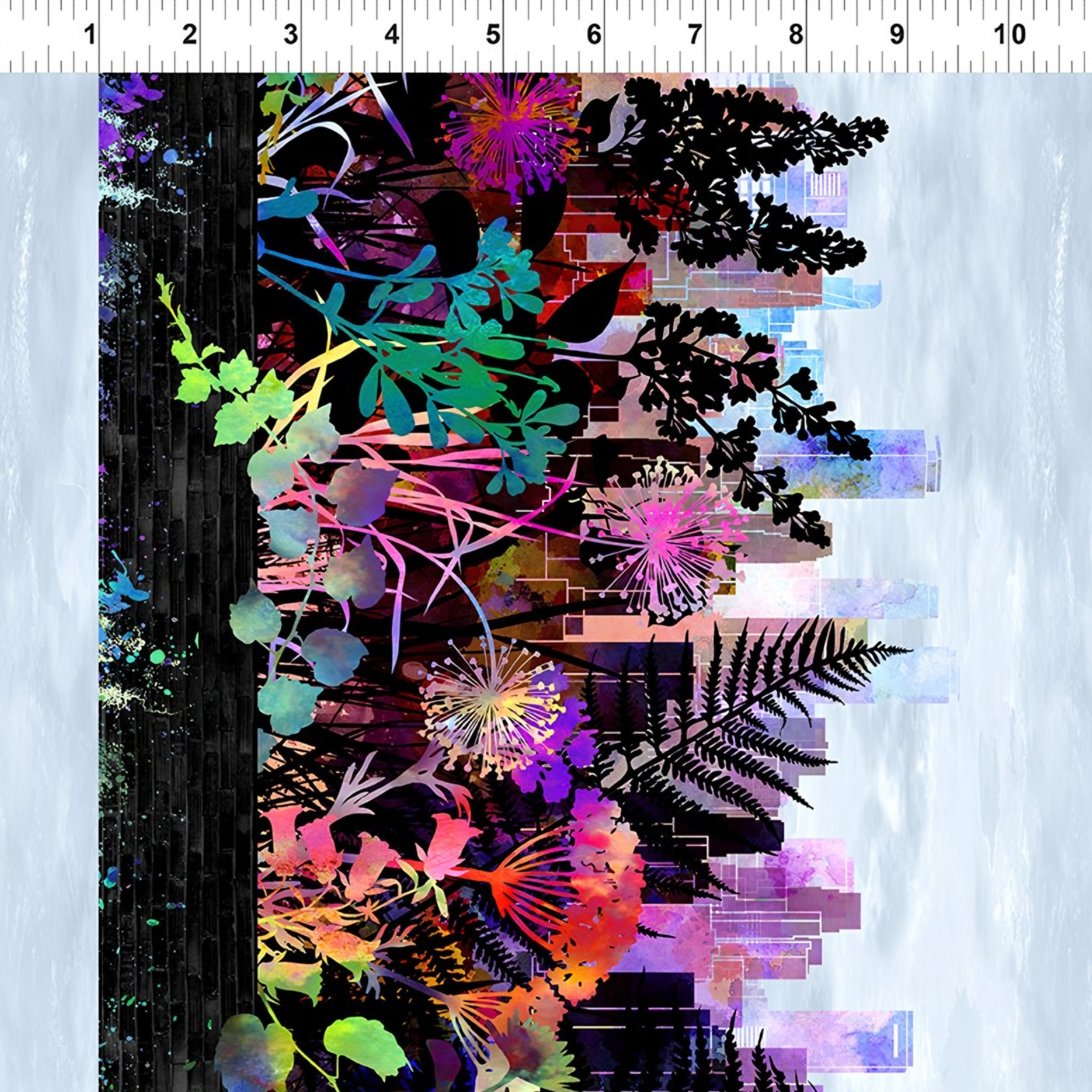 City skyline silhouette rainbow tropical wildflower foliage magenta orange red yellow teal green purple blue pale grey sky black stripe border stripe quilting fabric Jason Yenter In The Beginning Fabrics