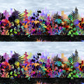 City skyline silhouette rainbow tropical wildflower foliage magenta orange red yellow teal green purple blue pale grey sky black stripe border stripe quilting fabric Jason Yenter In The Beginning Fabrics