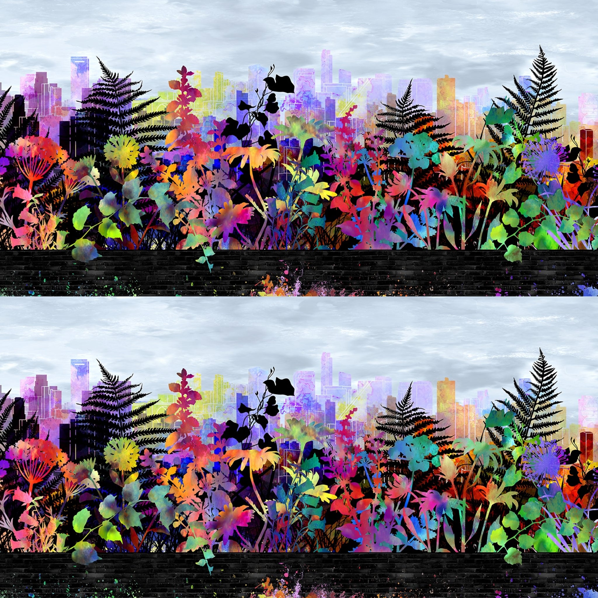 City skyline silhouette rainbow tropical wildflower foliage magenta orange red yellow teal green purple blue pale grey sky black stripe border stripe quilting fabric Jason Yenter In The Beginning Fabrics