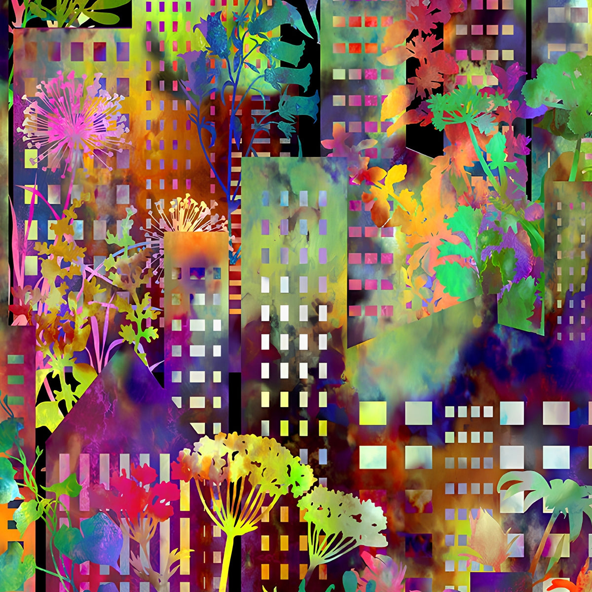 Densely packed rainbow cityscape grid skyscrapers tropical foliage red orange yellow lime teal purple magenta blue digitally printed quilting fabric Jason Yenter In The Beginning Fabrics
