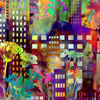 Densely packed rainbow cityscape grid skyscrapers tropical foliage red orange yellow lime teal purple magenta blue digitally printed quilting fabric Jason Yenter In The Beginning Fabrics
