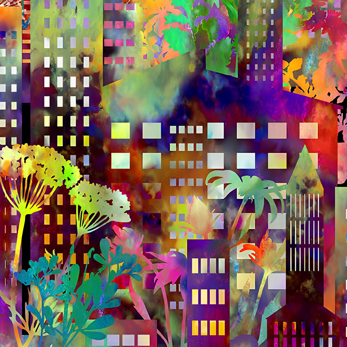 Densely packed rainbow cityscape grid skyscrapers tropical foliage red orange yellow lime teal purple magenta blue digitally printed quilting fabric Jason Yenter In The Beginning Fabrics