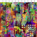 Densely packed rainbow cityscape grid skyscrapers tropical foliage red orange yellow lime teal purple magenta blue digitally printed quilting fabric Jason Yenter In The Beginning Fabrics