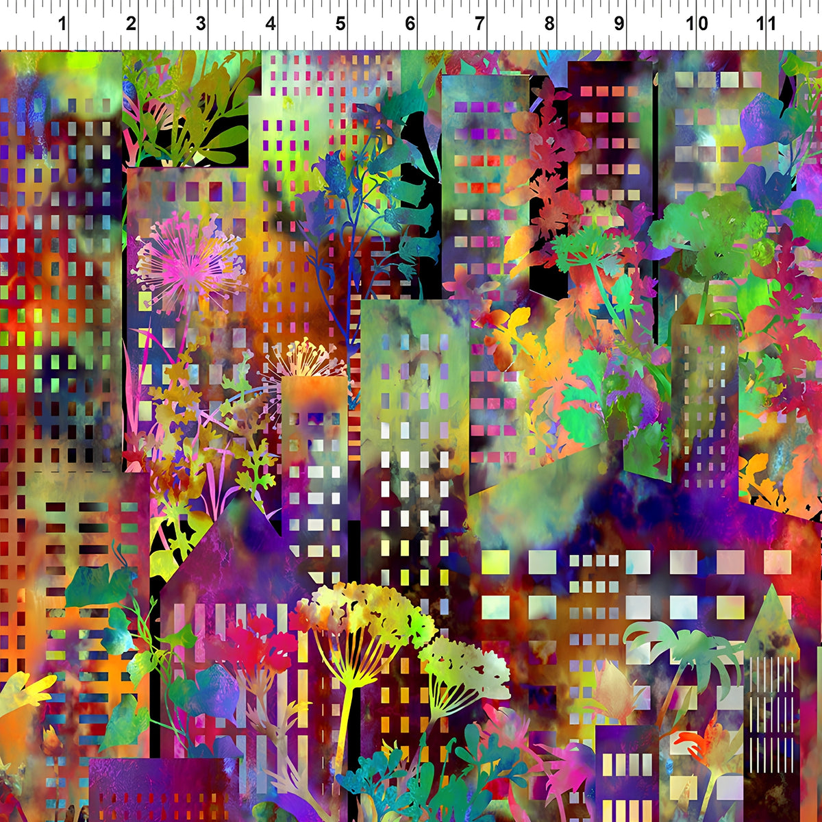 Densely packed rainbow cityscape grid skyscrapers tropical foliage red orange yellow lime teal purple magenta blue digitally printed quilting fabric Jason Yenter In The Beginning Fabrics