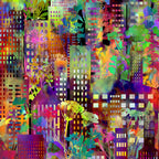 Densely packed rainbow cityscape grid skyscrapers tropical foliage red orange yellow lime teal purple magenta blue digitally printed quilting fabric Jason Yenter In The Beginning Fabrics