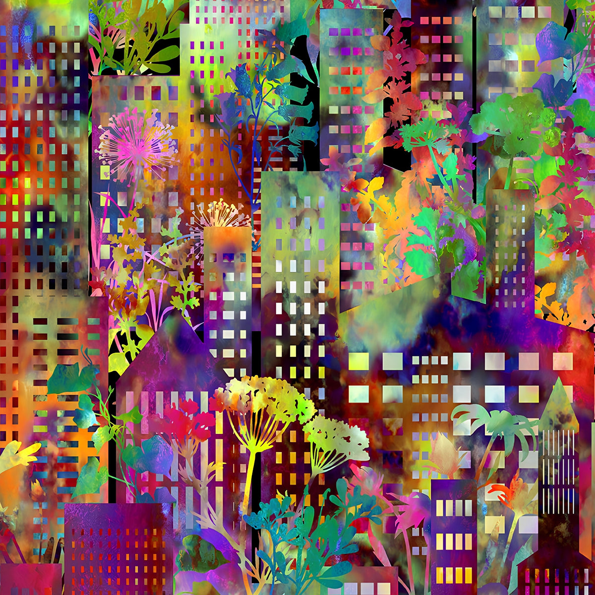 Densely packed rainbow cityscape grid skyscrapers tropical foliage red orange yellow lime teal purple magenta blue digitally printed quilting fabric Jason Yenter In The Beginning Fabrics