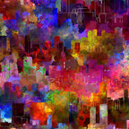 Abstract city skyline outlines white on rich watercolour wash deep red magenta purple blue orange green digitally printed quilting fabric Jason Yenter In The Beginning Fabrics