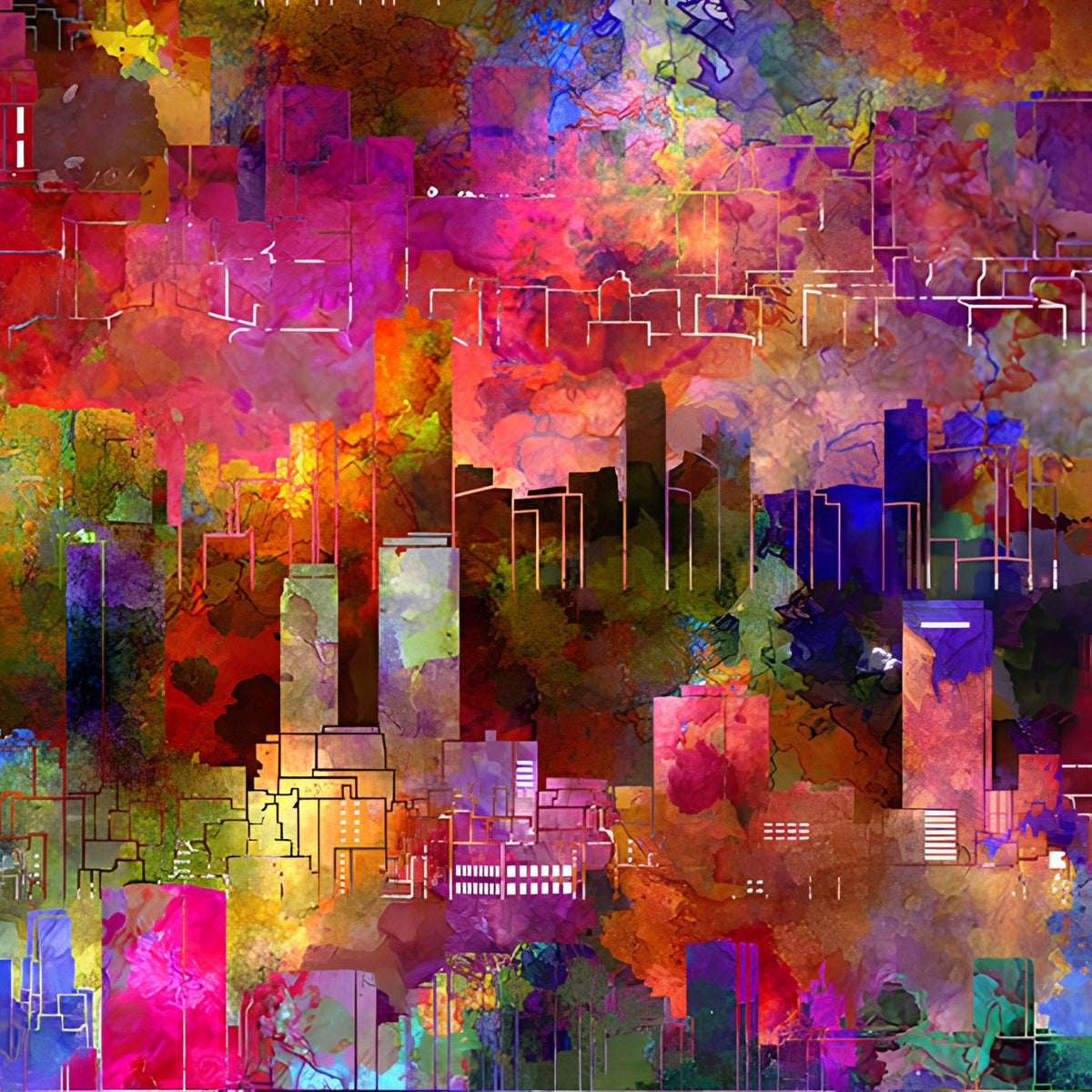 Abstract city skyline outlines white on rich watercolour wash deep red magenta purple blue orange green digitally printed quilting fabric Jason Yenter In The Beginning Fabrics