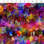 Abstract city skyline outlines white on rich watercolour wash deep red magenta purple blue orange green digitally printed quilting fabric Jason Yenter In The Beginning Fabrics