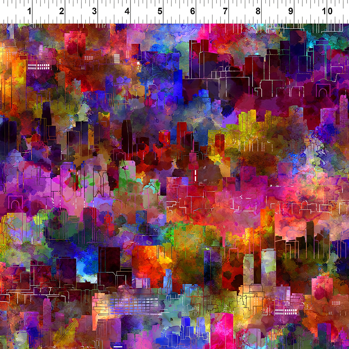 Abstract city skyline outlines white on rich watercolour wash deep red magenta purple blue orange green digitally printed quilting fabric Jason Yenter In The Beginning Fabrics