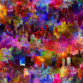 Abstract city skyline outlines white on rich watercolour wash deep red magenta purple blue orange green digitally printed quilting fabric Jason Yenter In The Beginning Fabrics