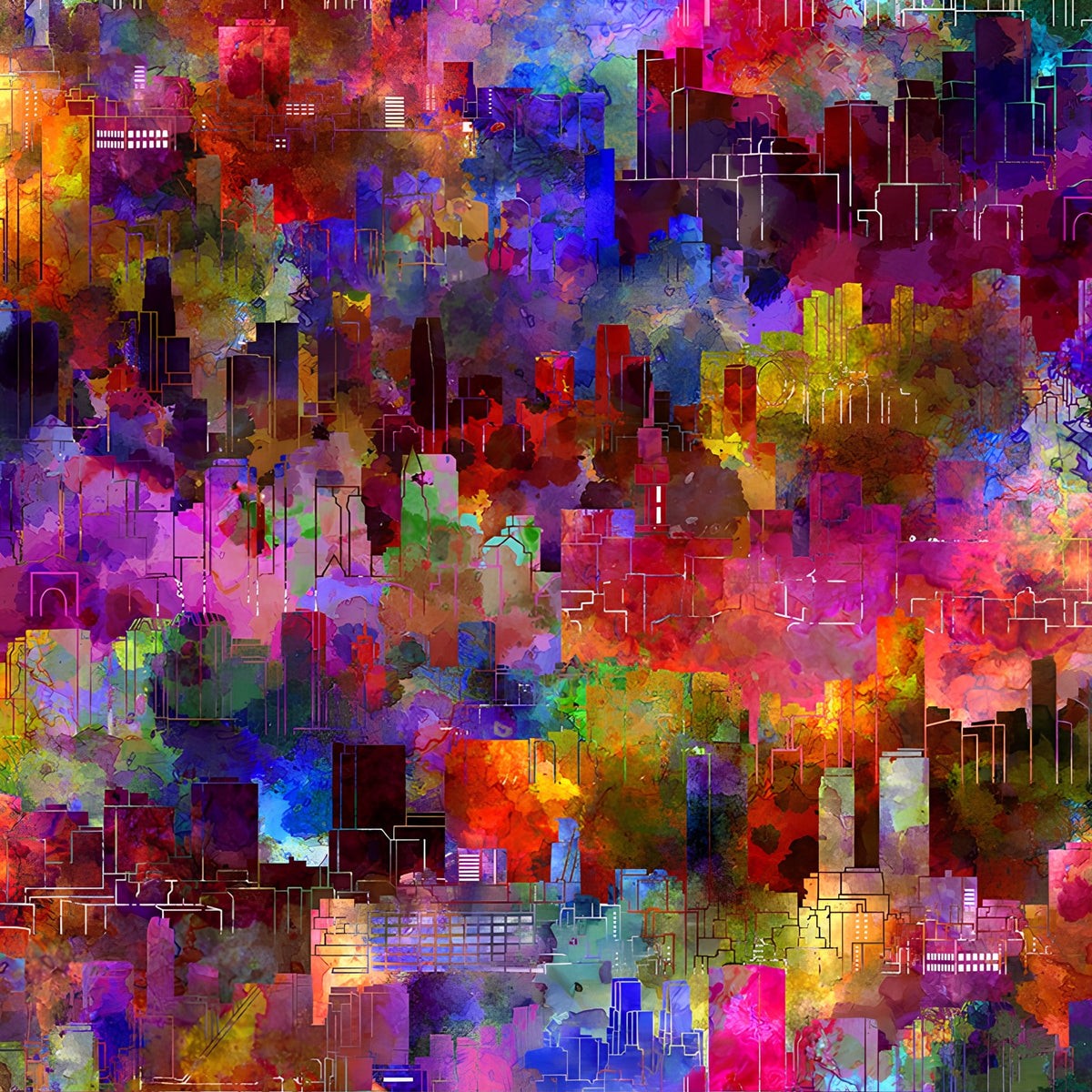 Abstract city skyline outlines white on rich watercolour wash deep red magenta purple blue orange green digitally printed quilting fabric Jason Yenter In The Beginning Fabrics