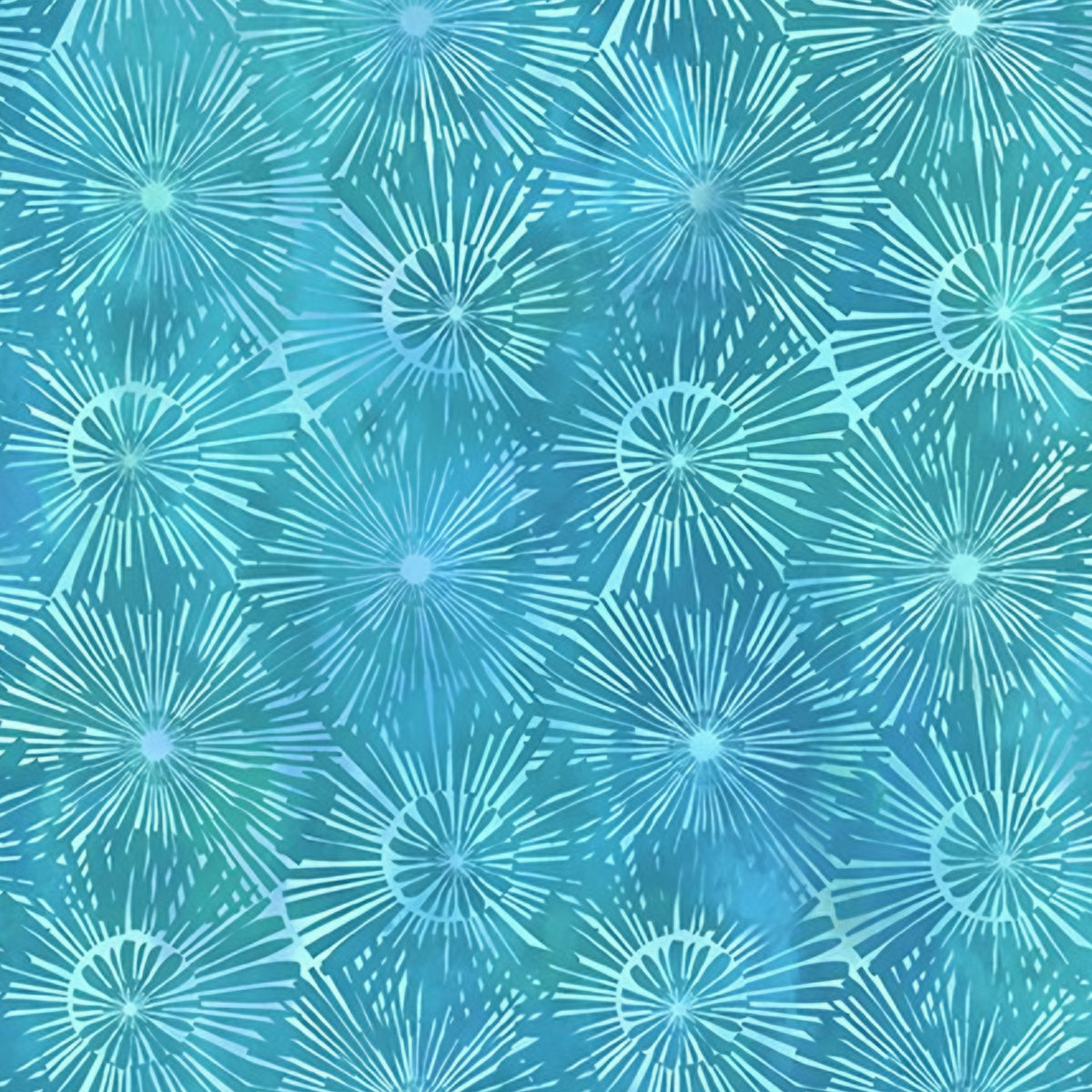 Packed dandelion burst shapes aqua mint teal blue watercolour wash tonal blender digitally printed quilting fabric Jason Yenter In The Beginning Fabrics