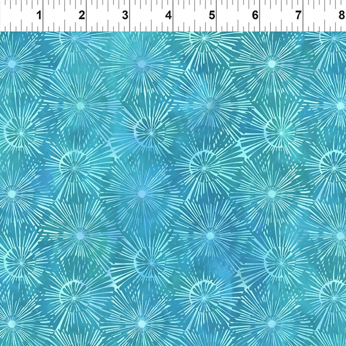 Packed dandelion burst shapes aqua mint teal blue watercolour wash tonal blender digitally printed quilting fabric Jason Yenter In The Beginning Fabrics