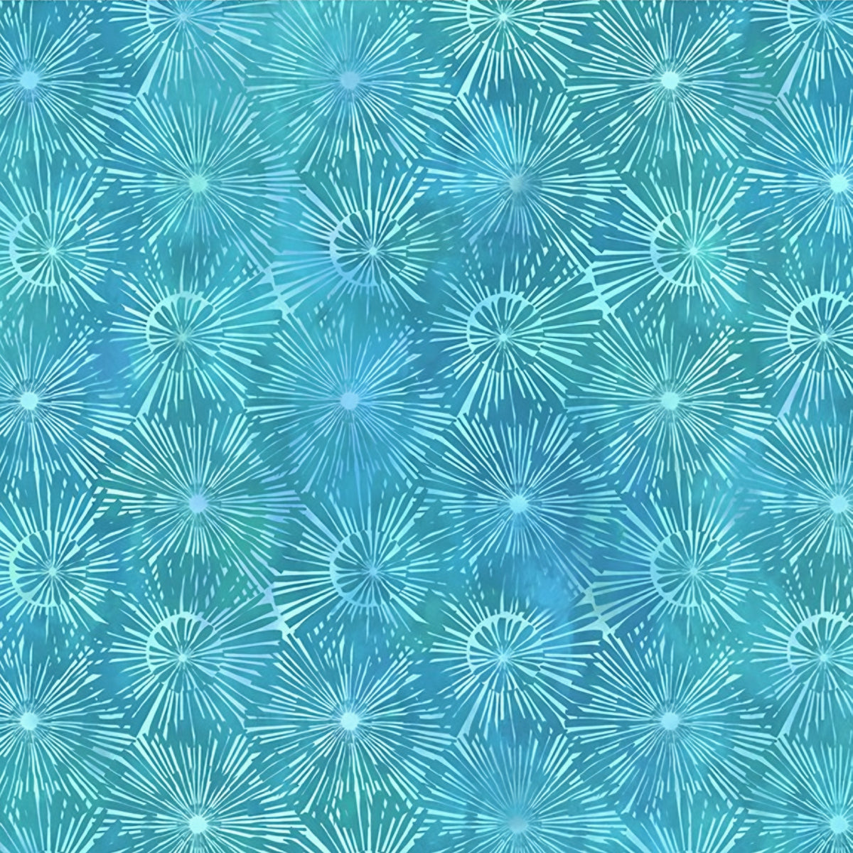 Packed dandelion burst shapes aqua mint teal blue watercolour wash tonal blender digitally printed quilting fabric Jason Yenter In The Beginning Fabrics