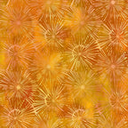 Packed dandelion burst shapes amber golden yellow peachy pink burnt orange gold watercolour wash tonal blender digitally printed quilting fabric Jason Yenter In The Beginning Fabrics
