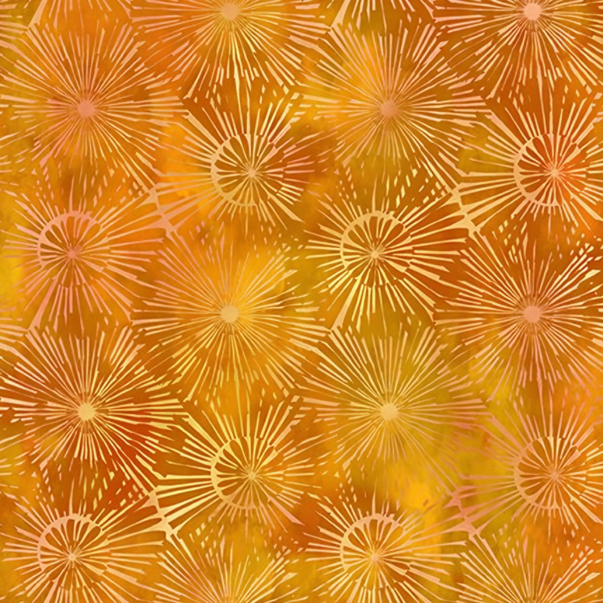 Packed dandelion burst shapes amber golden yellow peachy pink burnt orange gold watercolour wash tonal blender digitally printed quilting fabric Jason Yenter In The Beginning Fabrics