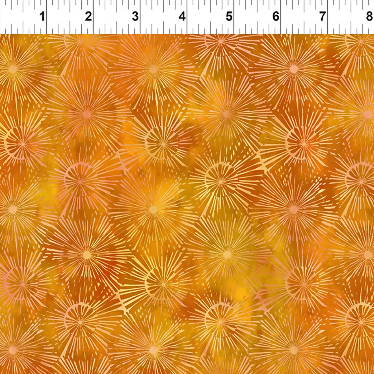 Packed dandelion burst shapes amber golden yellow peachy pink burnt orange gold watercolour wash tonal blender digitally printed quilting fabric Jason Yenter In The Beginning Fabrics