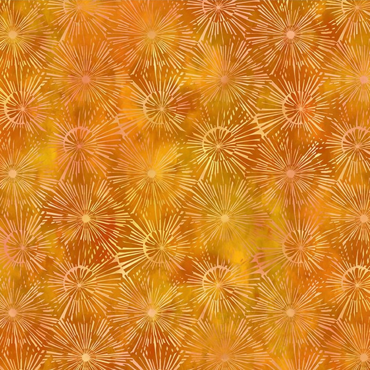 Packed dandelion burst shapes amber golden yellow peachy pink burnt orange gold watercolour wash tonal blender digitally printed quilting fabric Jason Yenter In The Beginning Fabrics