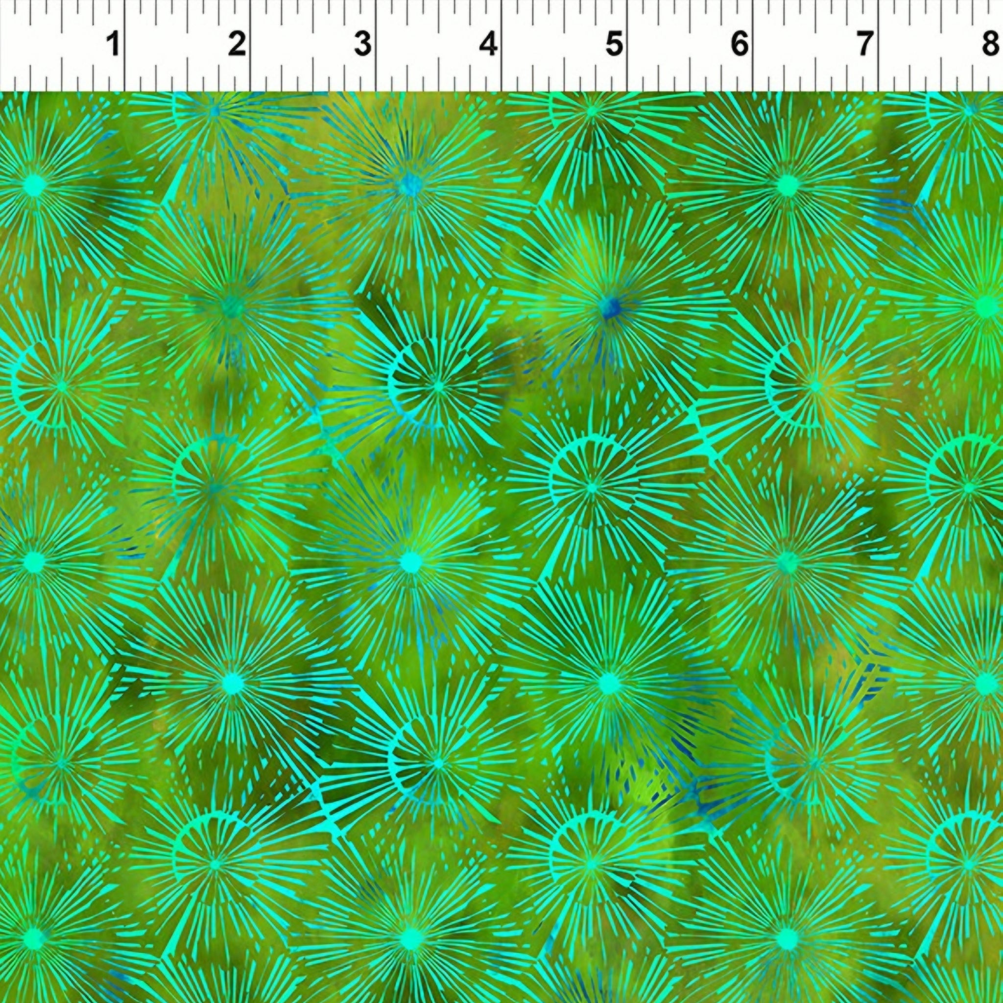 Packed dandelion burst shapes aqua teal olive emerald green watercolour wash cobalt blue tonal blender digitally printed quilting fabric Jason Yenter In The Beginning Fabrics