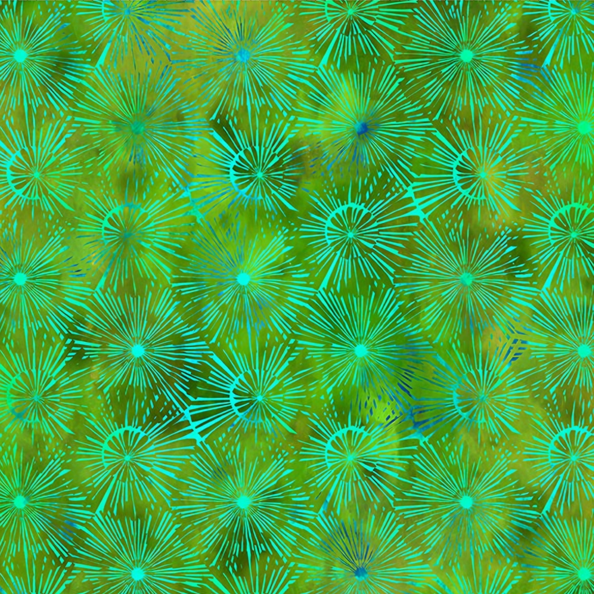 Packed dandelion burst shapes aqua teal olive emerald green watercolour wash cobalt blue tonal blender digitally printed quilting fabric Jason Yenter In The Beginning Fabrics