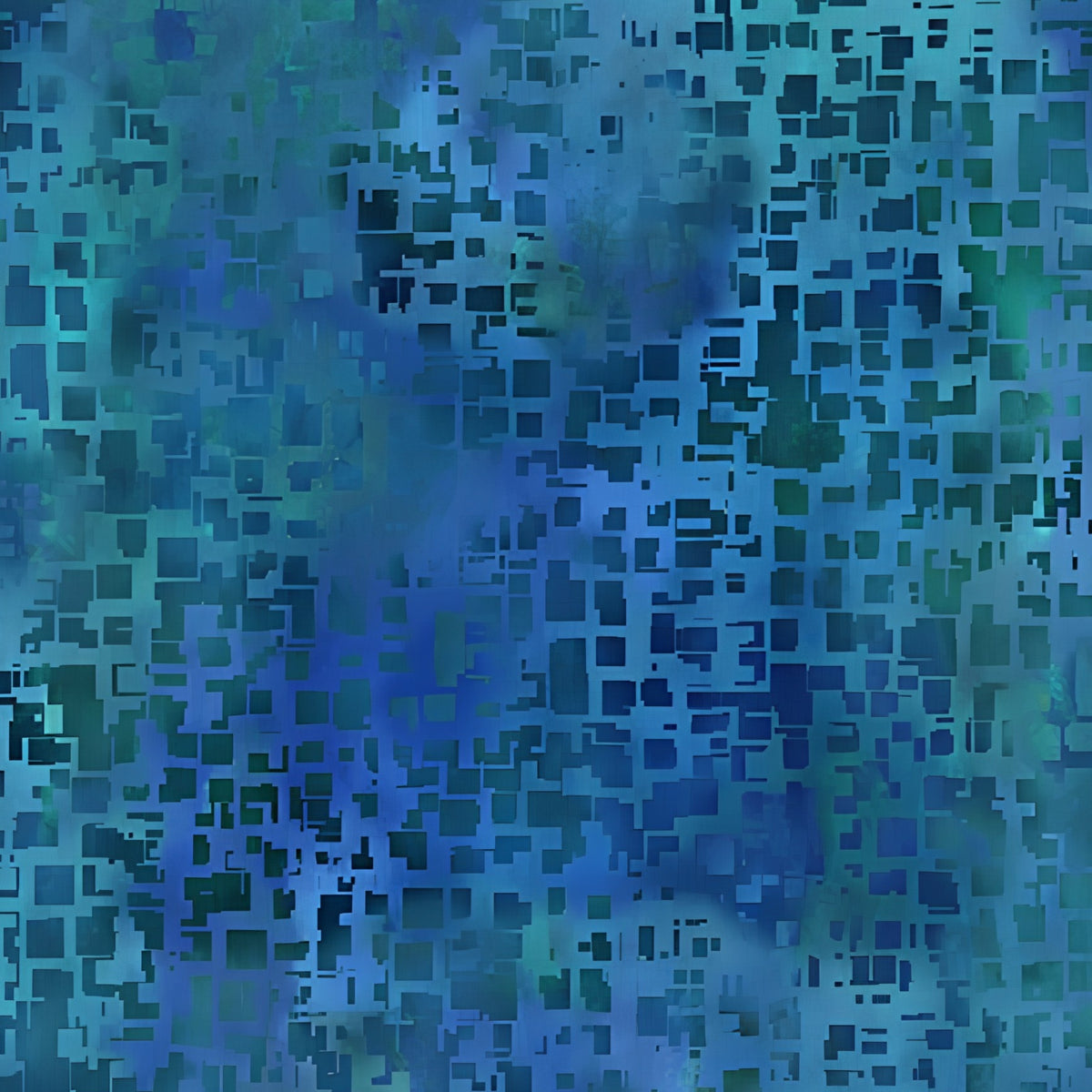 Scattered small squares rectangles cobalt teal deep blue-green watercolour wash geometric tonal blender digitally printed quilting fabric Jason Yenter In The Beginning Fabrics