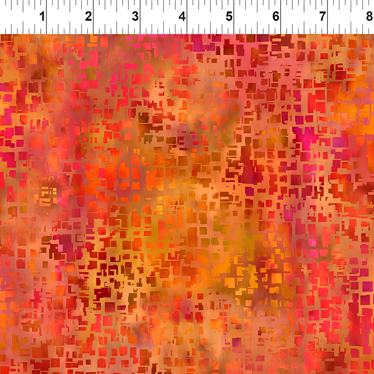 Scattered small squares rectangles amber burnt orange magenta deep red fiery orange-red watercolour wash geometric tonal blender digitally printed quilting fabric Jason Yenter In The Beginning Fabrics