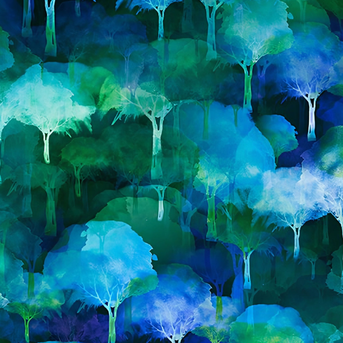 Watercolour forest overlapping trees electric teal cobalt blue emerald green white dripping paint effect digitally printed quilting fabric Jason Yenter In The Beginning Fabrics
