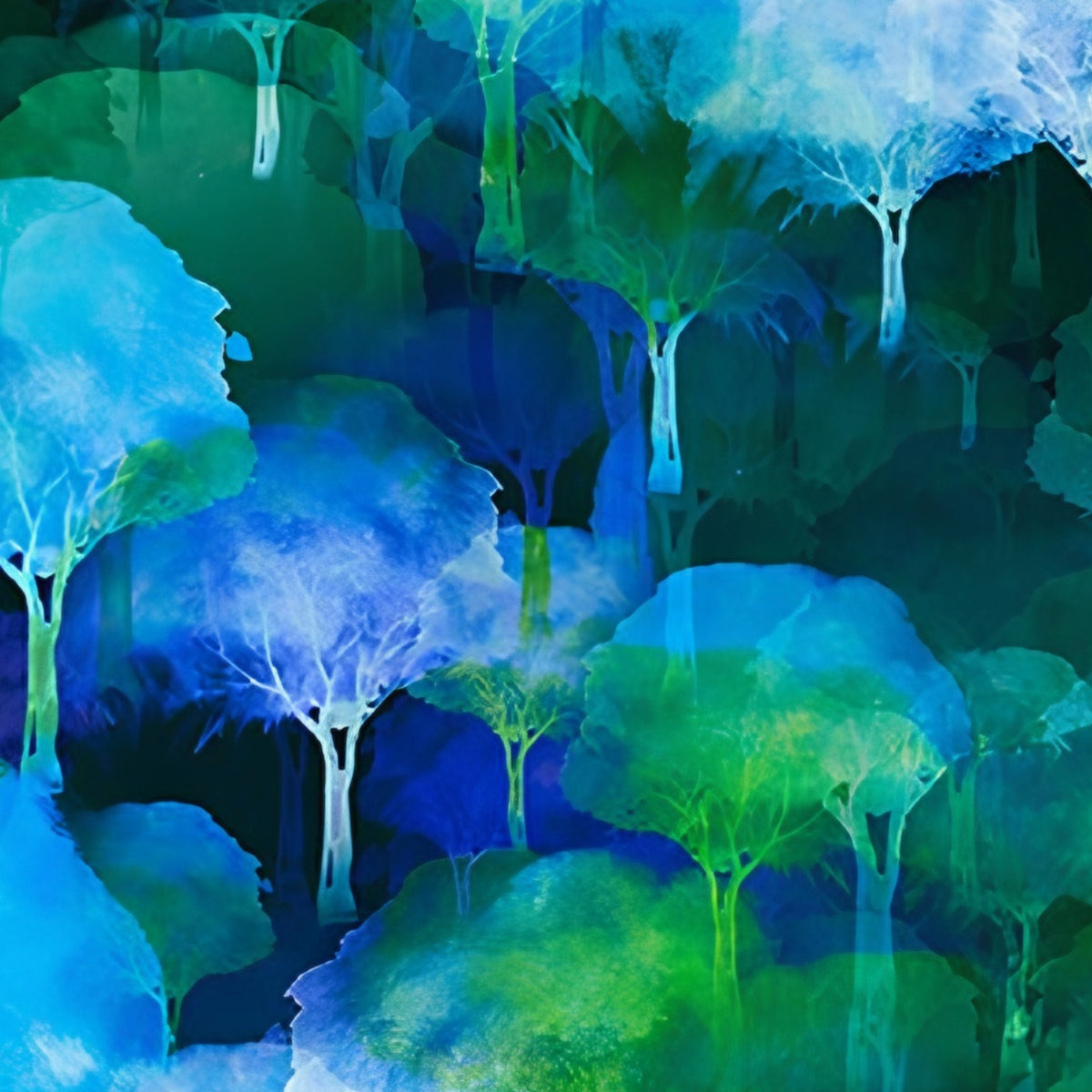 Watercolour forest overlapping trees electric teal cobalt blue emerald green white dripping paint effect digitally printed quilting fabric Jason Yenter In The Beginning Fabrics