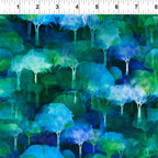 Watercolour forest overlapping trees electric teal cobalt blue emerald green white dripping paint effect digitally printed quilting fabric Jason Yenter In The Beginning Fabrics